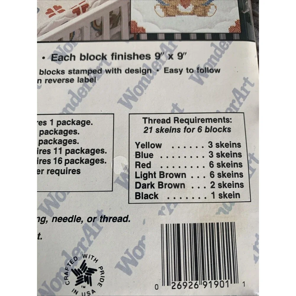 VTG WonderArt Quilt Block Pattern Sweetheart Bear #1901 Six 9x9 Blocks Sealed